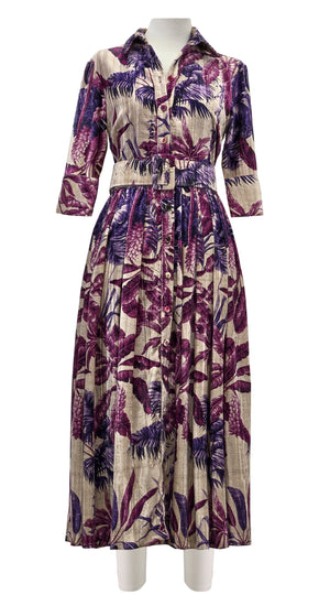 Audrey Dress #4 Shirt Collar 3/4 Sleeve Midi Length Velvet Vicose (Vintage Palm Beige)