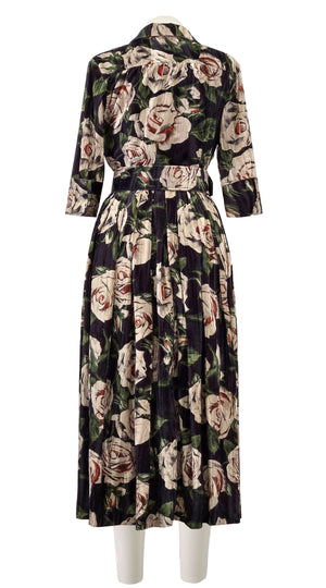 Audrey Dress #4 Shirt Collar 3/4 Sleeve Midi Length Velvet Vicose (White Rose Dark)