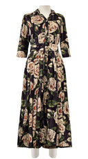 Audrey Dress #4 Shirt Collar 3/4 Sleeve Midi Length Velvet Vicose (White Rose Dark)