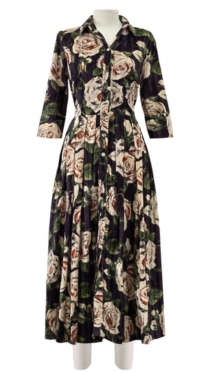 Audrey Dress #4 Shirt Collar 3/4 Sleeve Midi Length Velvet Vicose (White Rose Dark)