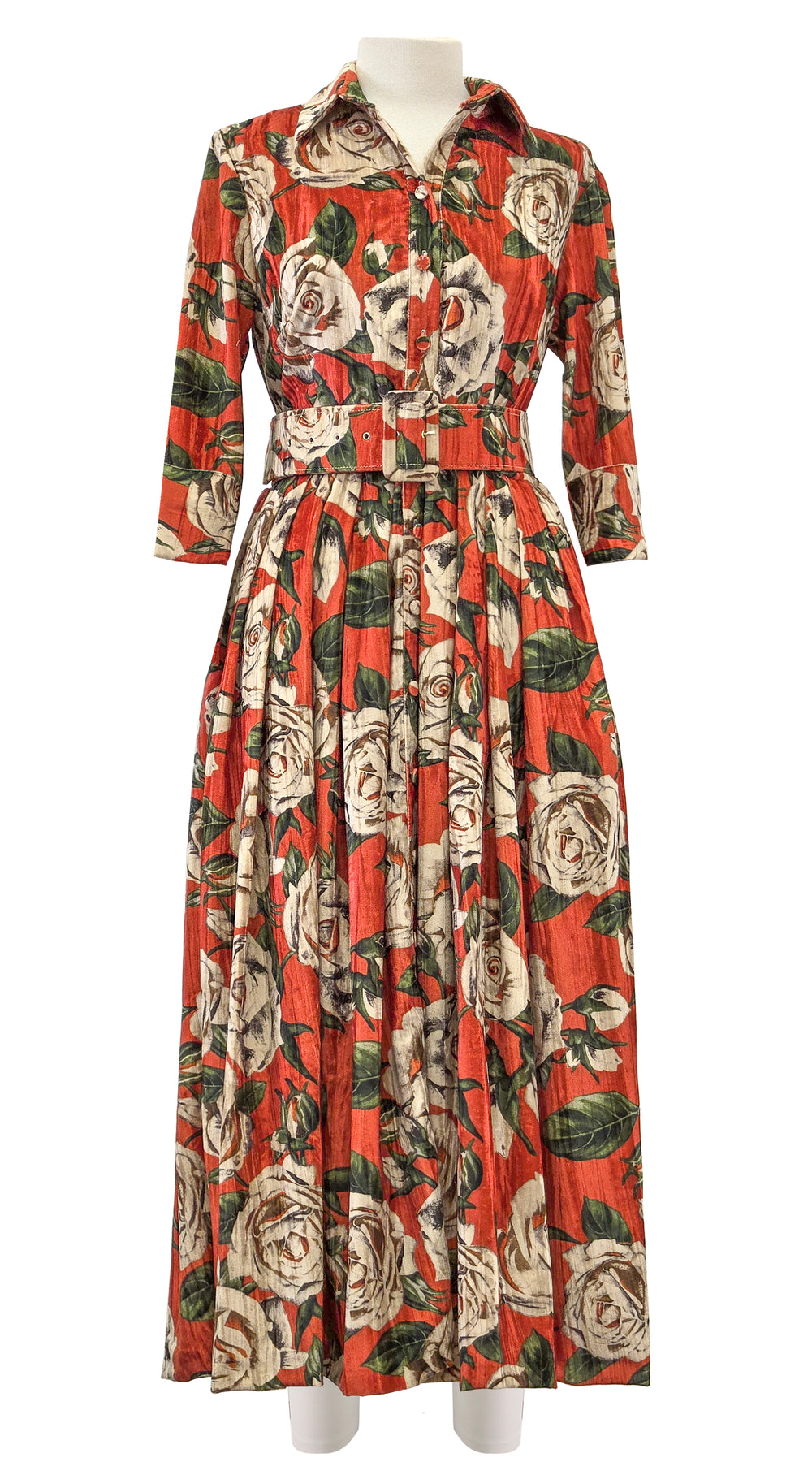 Audrey Dress #4 Shirt Collar 3/4 Sleeve Midi Length Velvet Vicose (White Rose Dark)