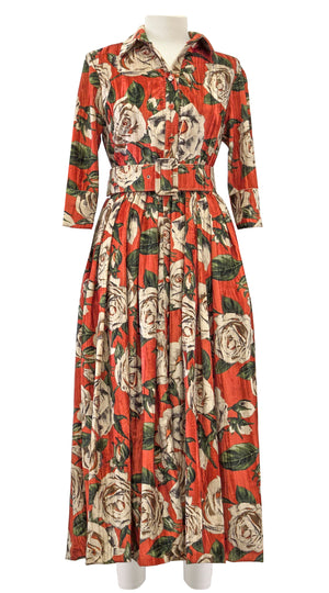Audrey Dress #4 Shirt Collar 3/4 Sleeve Midi Length Velvet Vicose (White Rose Dark)