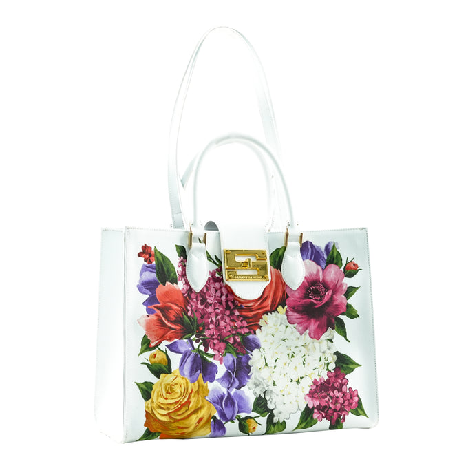 Audrey Tote_Medium_Zinnia Flower_White