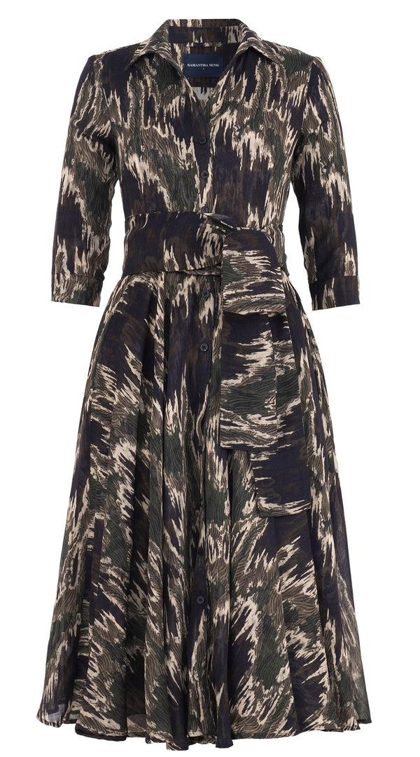 Aster Dress Shirt Collar 3/4 Sleeve Midi Length Wool Musola (Abstract Bird) @5