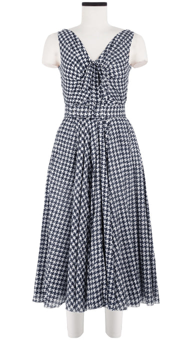 Vivien Dress #1 V Neck Tie Sleeveless Midi Length Cotton Musola (Abstract Dogstooth)