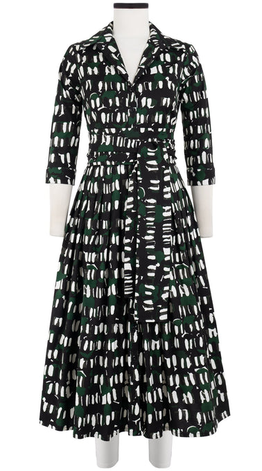 Audrey Dress #2 Shirt Collar 3/4 Sleeve Midi Length Cotton Stretch (Abstract Kooning)
