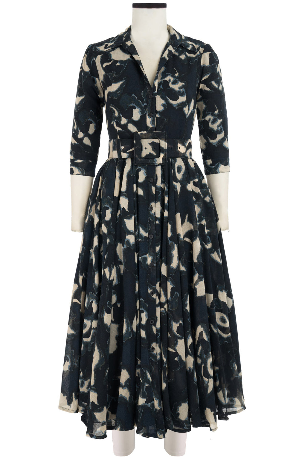 Aster Dress Shirt Collar 3/4 Sleeve Midi Plus Length Wool (Abstract Pace) - Midnight Blue