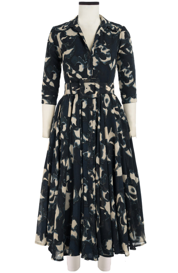 Aster Dress Shirt Collar 3/4 Sleeve Midi Plus Length Wool (Abstract Pace) - Midnight Blue