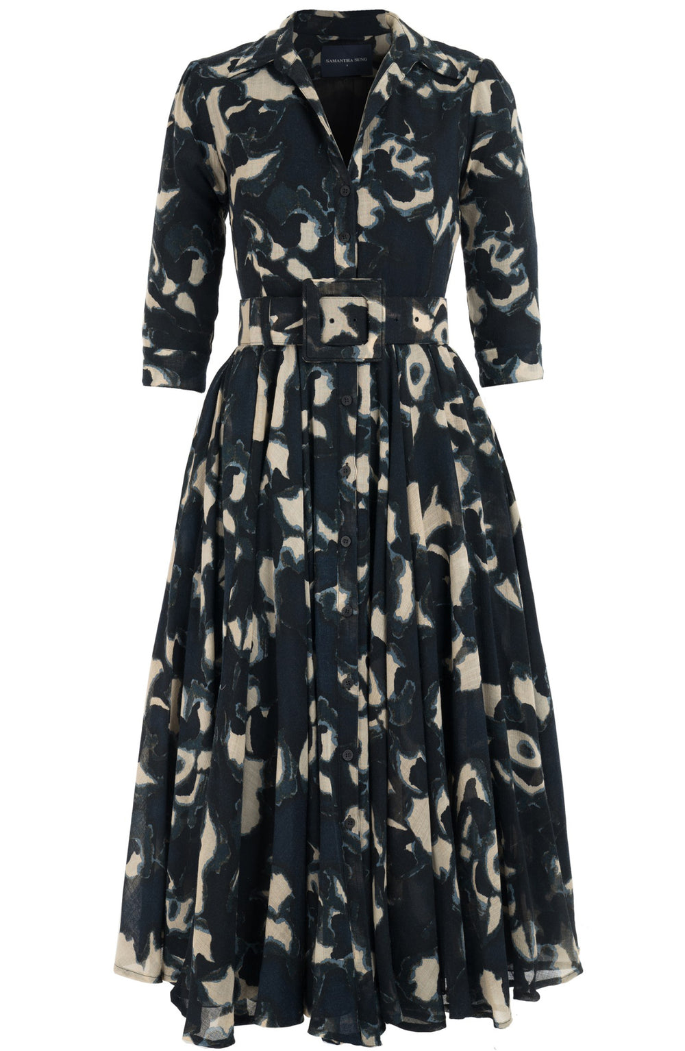 Aster Dress Shirt Collar 3/4 Sleeve Midi Plus Length Wool (Abstract Pace) - Midnight Blue