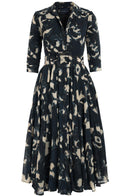 Aster Dress Shirt Collar 3/4 Sleeve Midi Plus Length Wool (Abstract Pace) - Midnight Blue