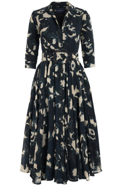 Aster Dress Shirt Collar 3/4 Sleeve Midi Plus Length Wool (Abstract Pace) - Midnight Blue