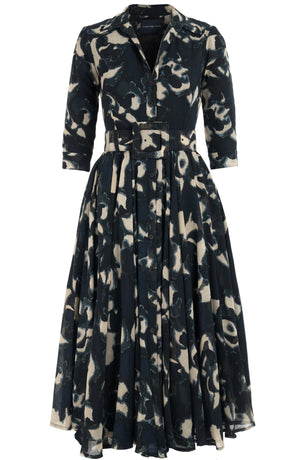 Aster Dress Shirt Collar 3/4 Sleeve Midi Plus Length Wool (Abstract Pace) - Midnight Blue
