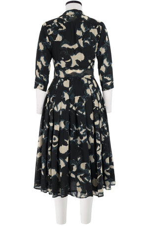Audrey Dress #4 Shirt Collar 3/4 Sleeve Midi Length Wool (Abstract Pace) - Midnight Blue