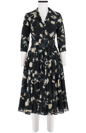 Audrey Dress #4 Shirt Collar 3/4 Sleeve Midi Length Wool (Abstract Pace) - Midnight Blue