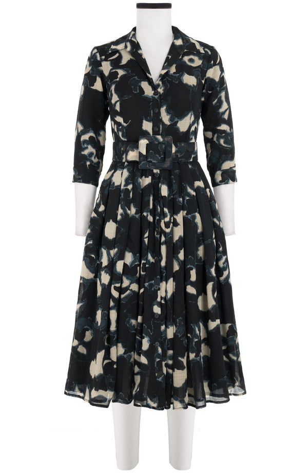 Audrey Dress #4 Shirt Collar 3/4 Sleeve Midi Length Wool (Abstract Pace) - Midnight Blue