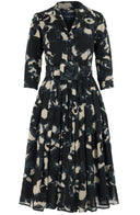 Audrey Dress #4 Shirt Collar 3/4 Sleeve Midi Length Wool (Abstract Pace) - Midnight Blue