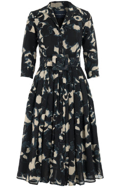 Audrey Dress #4 Shirt Collar 3/4 Sleeve Midi Length Wool (Abstract Pace) - Midnight Blue