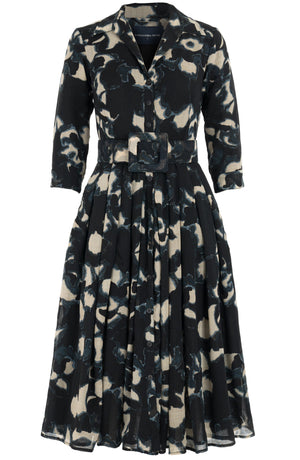 Audrey Dress #4 Shirt Collar 3/4 Sleeve Midi Length Wool (Abstract Pace) - Midnight Blue