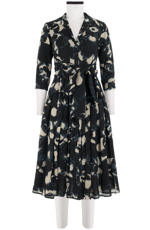 Audrey Dress #4 Shirt Collar 3/4 Sleeve Midi Length Wool (Abstract Pace) - Midnight Blue