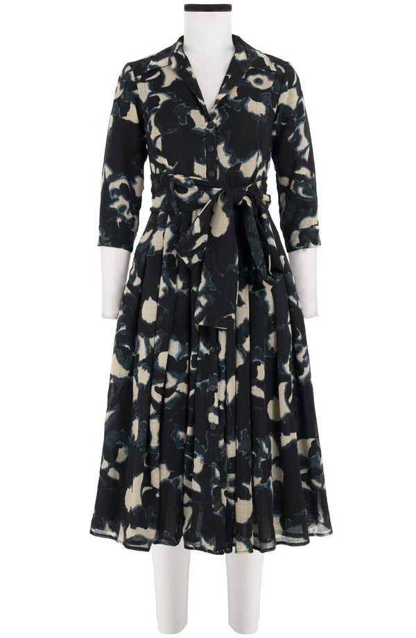 Audrey Dress #4 Shirt Collar 3/4 Sleeve Midi Length Wool (Abstract Pace) - Midnight Blue