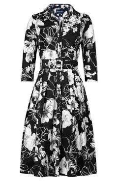 Audrey Dress #1 Shirt Collar 3/4 Sleeve Long Length Cotton Stretch (Admiral Magnolia)
