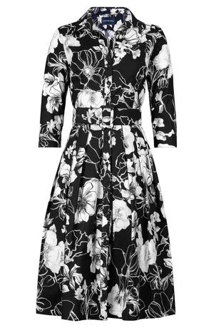 Audrey Dress #1 Shirt Collar 3/4 Sleeve Long Length Cotton Stretch (Admiral Magnolia)