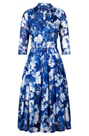 Audrey Dress #4 Shirt Collar 3/4 Sleeve Midi Length Musola (Admiral Magnolia)