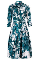Audrey Dress #1 Shirt Collar 3/4 Sleeve Long Length Cotton Stretch (Admiral Magnolia)