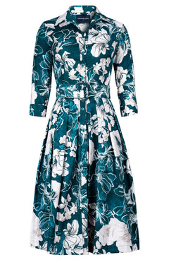 Audrey Dress #1 Shirt Collar 3/4 Sleeve Long Length Cotton Stretch (Admiral Magnolia)