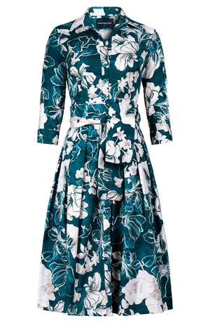 Audrey Dress #1 Shirt Collar 3/4 Sleeve Long Length Cotton Stretch (Admiral Magnolia)