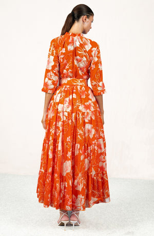Eva Dress Crew Neck 3/4 Sleeve Maxi Length Cotton Musola (Admiral Magnolia)