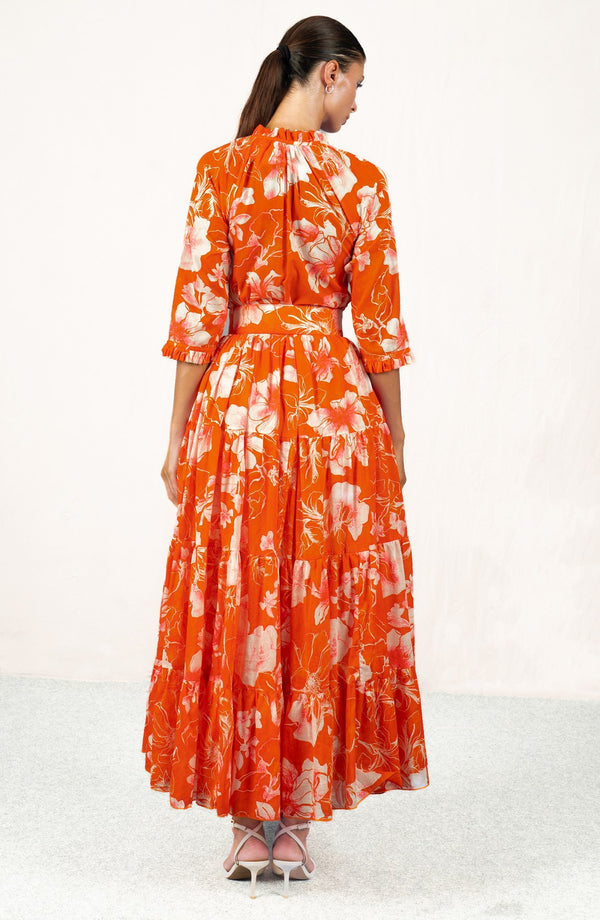 Eva Dress Crew Neck 3/4 Sleeve Maxi Length Cotton Musola (Admiral Magnolia)
