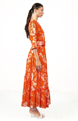 Eva Dress Crew Neck 3/4 Sleeve Maxi Length Cotton Musola (Admiral Magnolia)