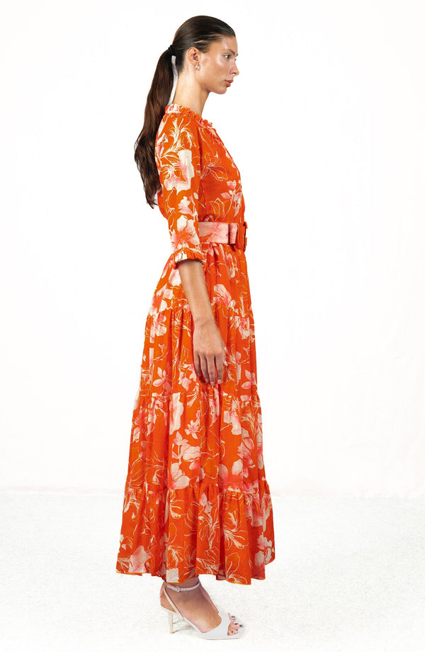 Eva Dress Crew Neck 3/4 Sleeve Maxi Length Cotton Musola (Admiral Magnolia)