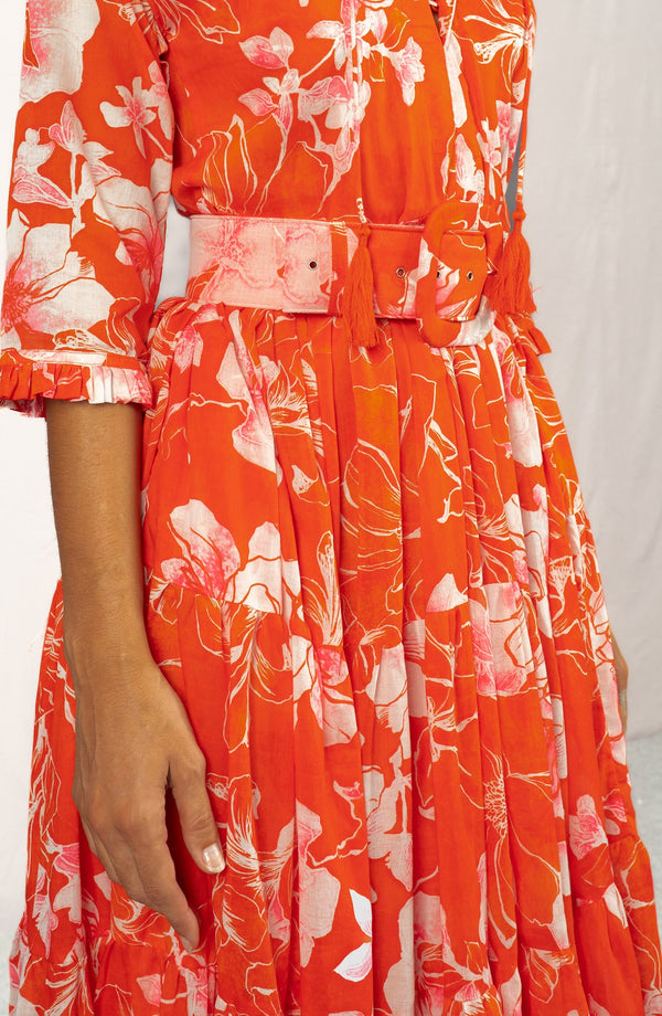 Eva Dress Crew Neck 3/4 Sleeve Maxi Length Cotton Musola (Admiral Magnolia)