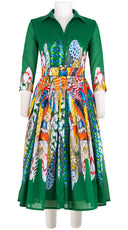 Audrey Dress #4 Shirt Collar 3/4 Sleeve Midi Length Cotton Musola (African Feather)
