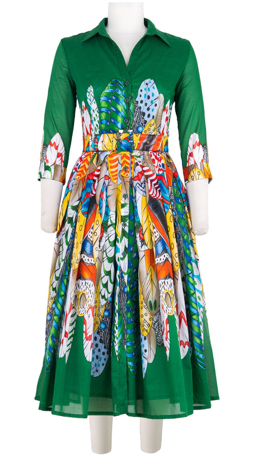 Audrey Dress #4 Shirt Collar 3/4 Sleeve Midi Length Cotton Musola (African Feather)