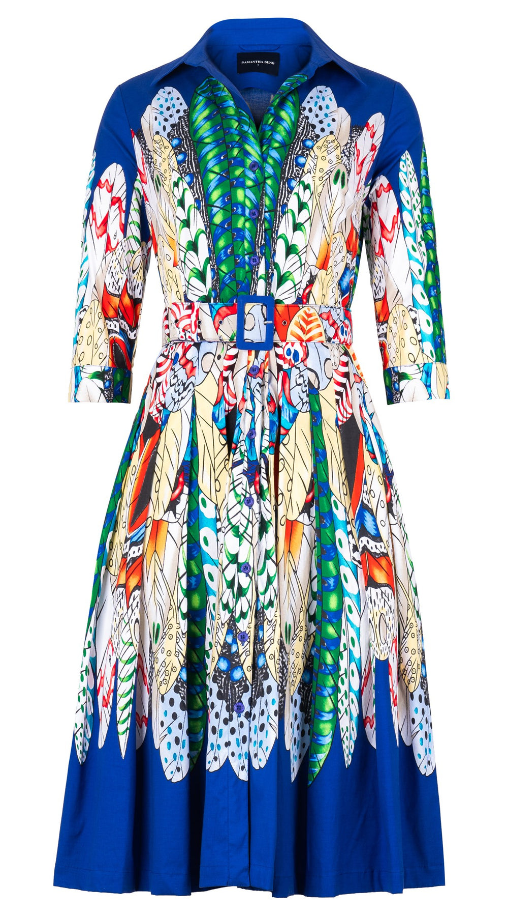 Audrey Dress #2 Shirt Collar 3/4 Sleeve Long Length Cotton Stretch (African Feather)