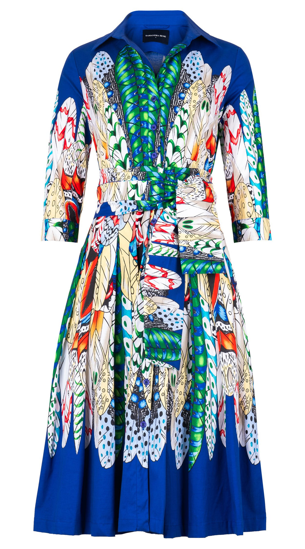 Audrey Dress #2 Shirt Collar 3/4 Sleeve Long Length Cotton Stretch (African Feather)