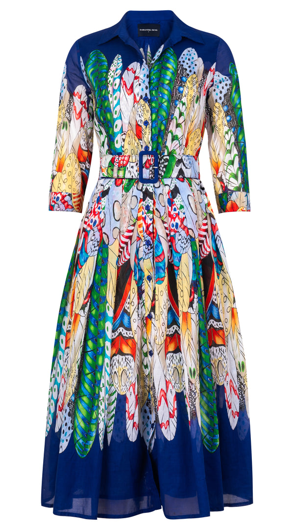 Audrey Dress #4 Shirt Collar 3/4 Sleeve Midi Length Cotton Musola (African Feather)