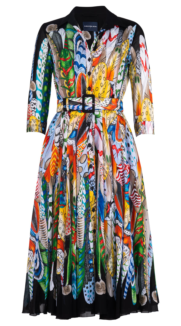Aster Dress Shirt Collar 3/4 Sleeve Midi Length Cotton Musola (African Feather)