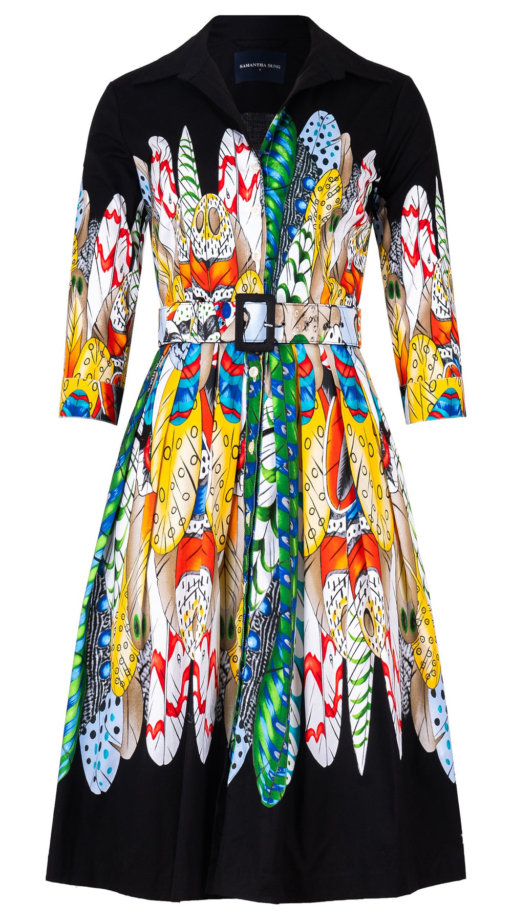 Audrey Dress #1 Shirt Collar 3/4 Sleeve Long Length Cotton Stretch (African Feather)