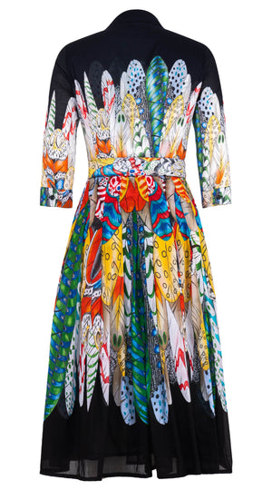 Audrey Dress #4 Shirt Collar 3/4 Sleeve Midi Length Musola (African Feather)