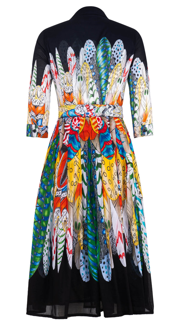 Audrey Dress #4 Shirt Collar 3/4 Sleeve Midi Length Musola (African Feather)