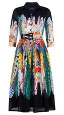 Audrey Dress #4 Shirt Collar 3/4 Sleeve Midi Length Musola (African Feather)