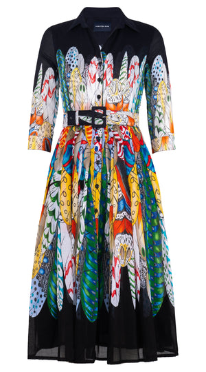 Audrey Dress #4 Shirt Collar 3/4 Sleeve Midi Length Musola (African Feather)