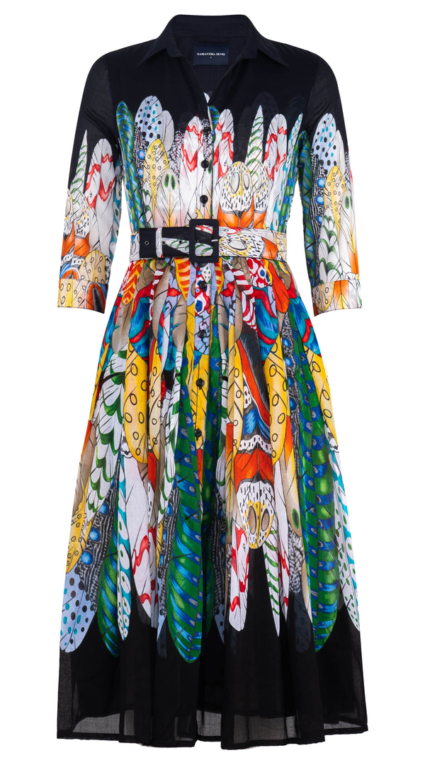Audrey Dress #4 Shirt Collar 3/4 Sleeve Midi Length Musola (African Feather)