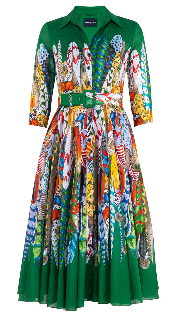 Aster Dress Shirt Collar 3/4 Sleeve Midi Length Cotton Musola (African Feather)