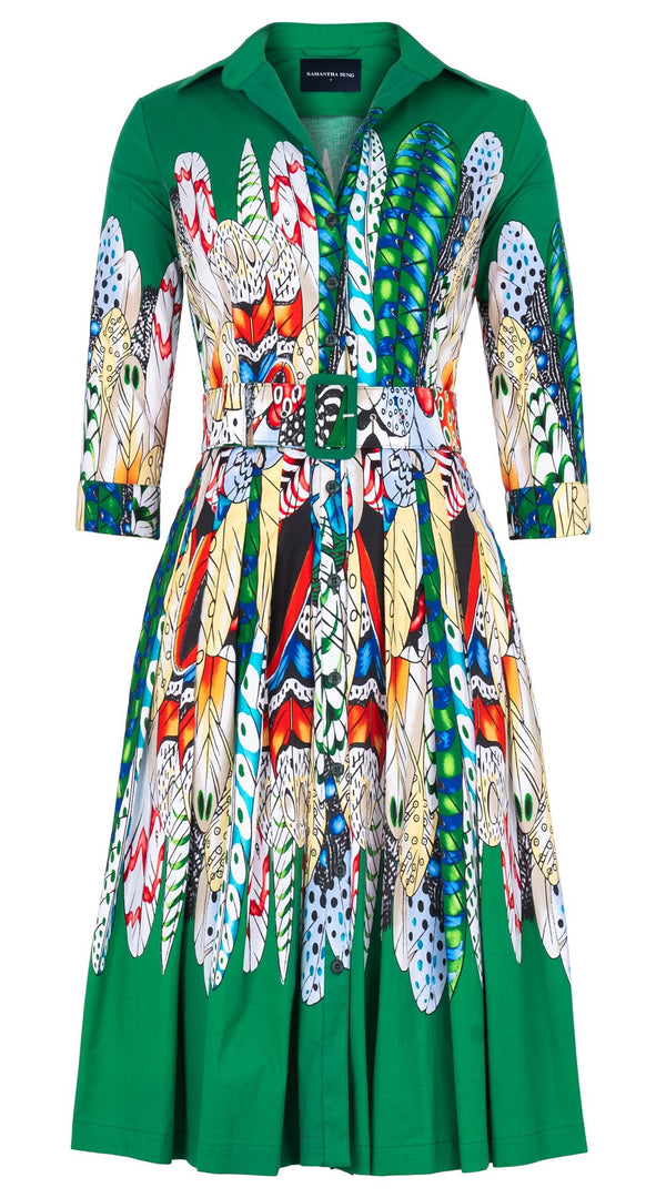 Audrey Dress #2 Shirt Collar 3/4 Sleeve Long Length Cotton Stretch (African Feather)