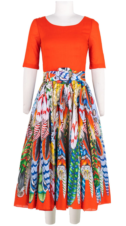 Aster Dress Contrast Boat Neck Short Sleeve Midi Length Cotton Musola (African Feather)